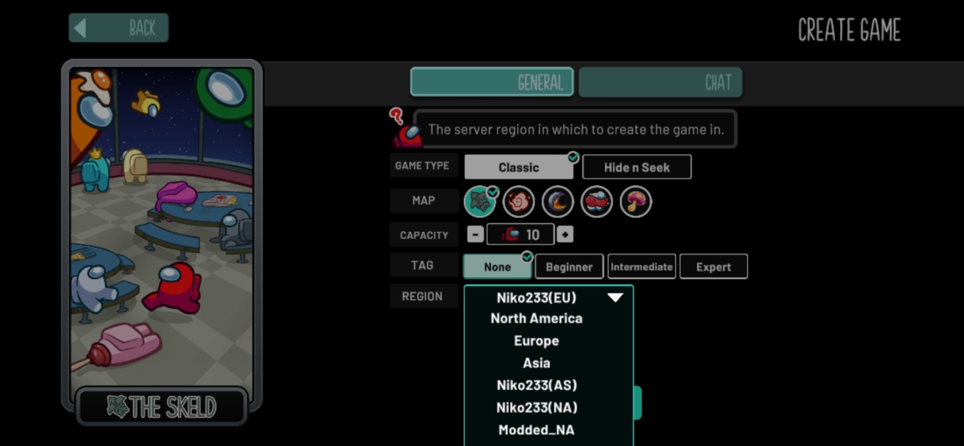 Among Us mobile region selector